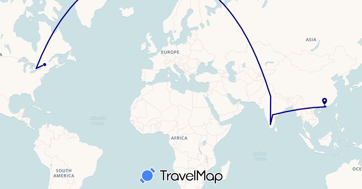 TravelMap itinerary: driving in Canada, China, India (Asia, North America)