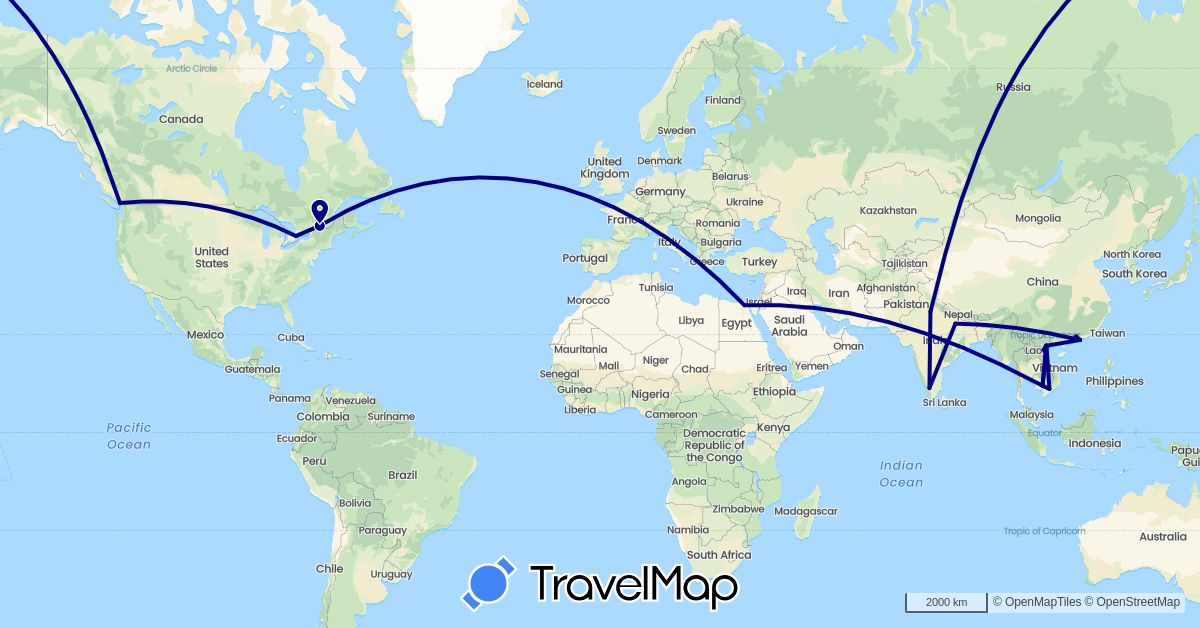 TravelMap itinerary: driving in Canada, China, Egypt, India, Cambodia, Vietnam (Africa, Asia, North America)